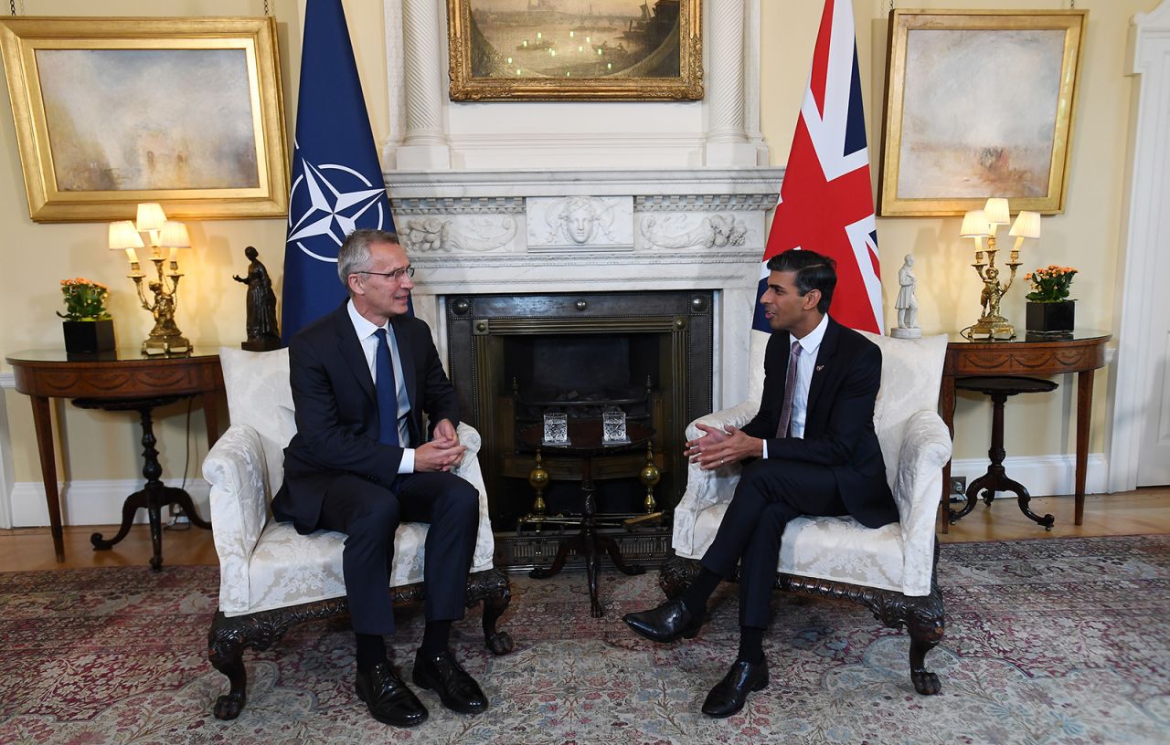 UK Prime Minister Rishi Sunak, right, and NATO Secretary General Jens Stoltenberg speak during a meeting inside 10 Downing Street in London, on Wednesday, November 9.