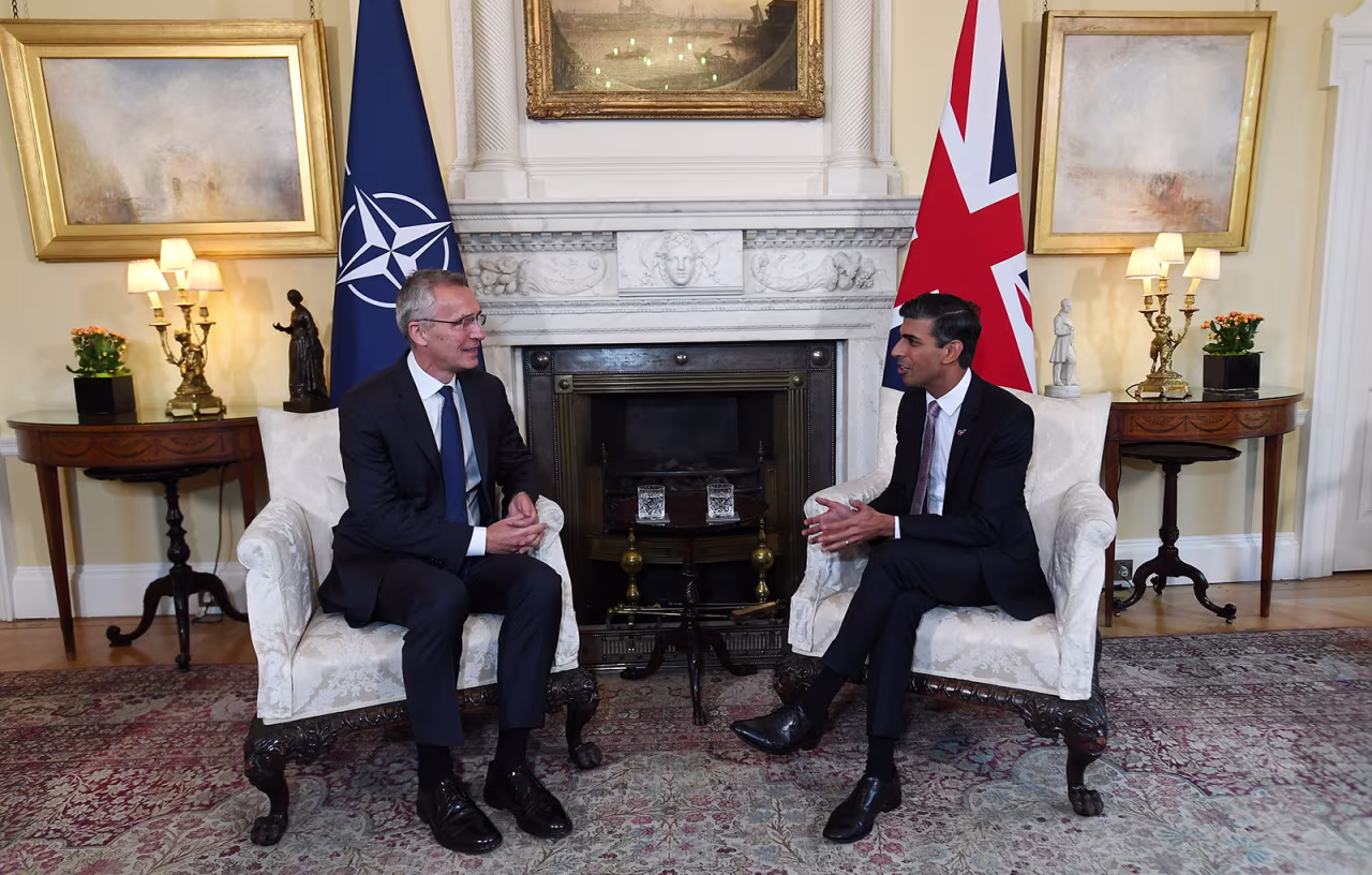 UK Prime Minister Rishi Sunak, right, and NATO Secretary General Jens Stoltenberg speak during a meeting inside 10 Downing Street in London, on Wednesday, November 9.