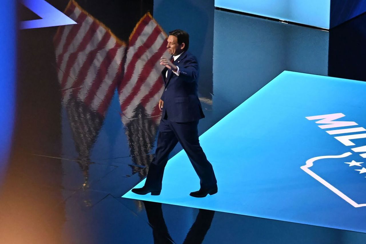 Florida Gov. Ron DeSantis on stage during the Republican National Convention on Tuesday, July 16, in Milwaukee.