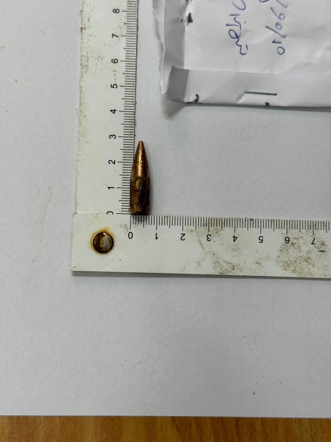 A bullet pulled by doctors from a patient at Nasser Hospital in Sunday's shooting near the GHF aid site. A weapons expert said it was consistent with ammunition used in the Israeli military's machine guns.