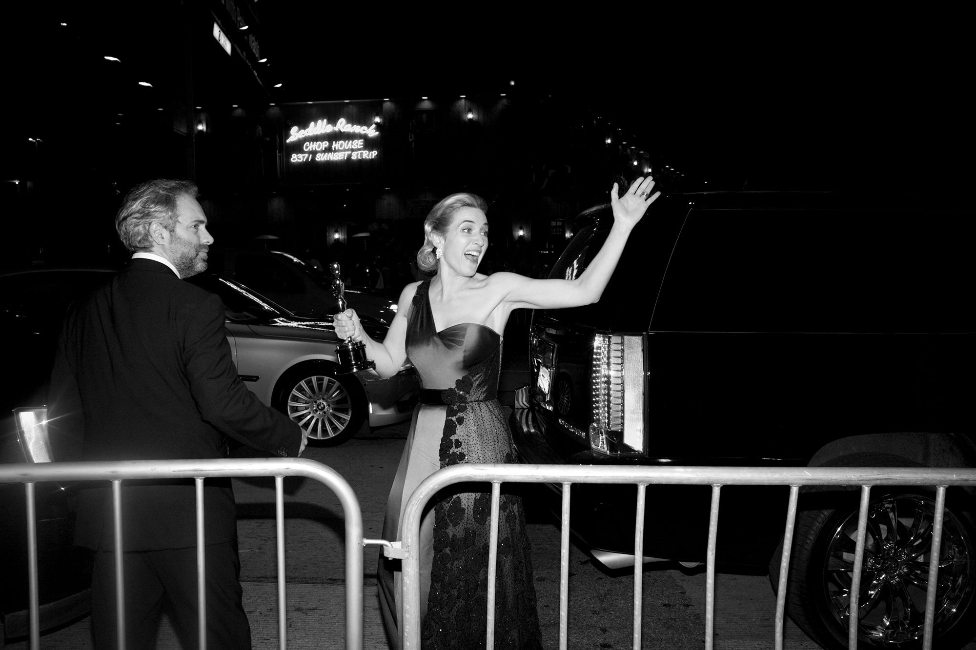 Kate Winslet arriving at the Vanity Fair Oscars party in 2009. “It was after midnight and she had probably gone to a whole series of parties,” recalled photographer Dafydd Jones.
