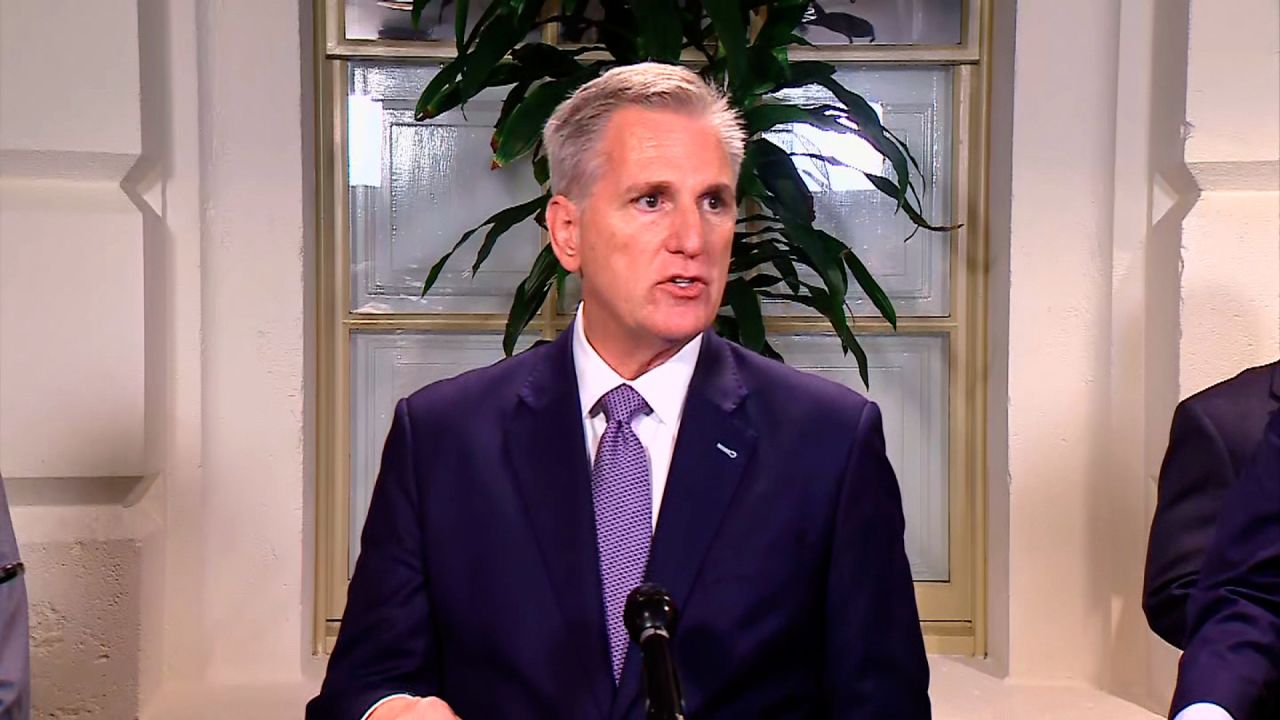 House Speaker Kevin McCarthy speaks to members of the press on Saturday, September 30, 2023, in Washington, DC. 