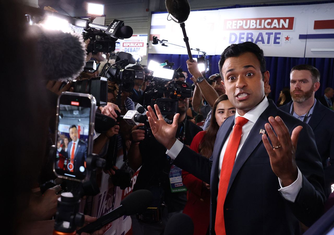 Vivek Ramaswamy talks to members of the media in the spin room following the first debate of the GOP primary season.