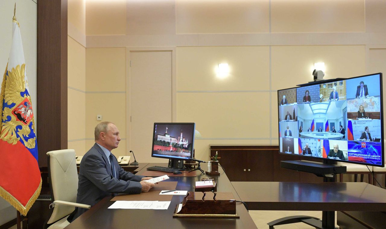 Russia's President Vladimir Putin holds a government meeting on economic issues via video link on April 30.