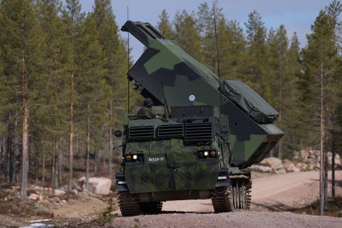 An M270 Multiple Launch Rocket System of the Finnish military is tested during exercises near Rovaniemi, Finland on May 23. 
