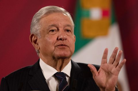 Mexican President Andres Manuel Lopez Obrador gives his daily, morning news conference at the presidential palace in Mexico City, on October 16.