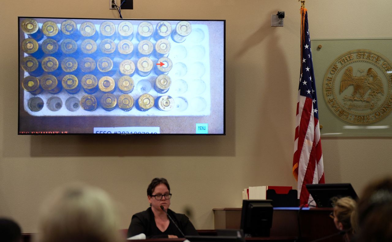 An evidence photo is displayed on a screen as crime scene technician Marissa Poppell testifies on Thursday, July 11. 