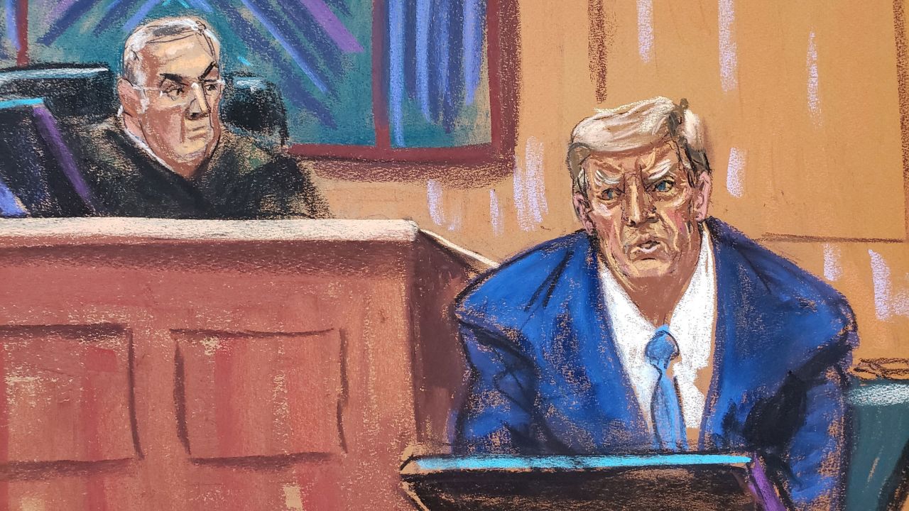 Donald Trump testifies as he takes the stand on Thursday in New York, in this courtroom sketch. 