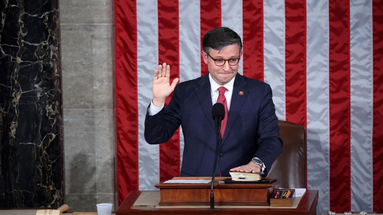 Newly elected US House Speaker Mike Johnson is sworn in at the US Capitol in Washington, DC, on October 25.