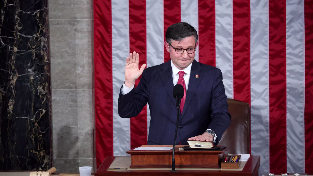 Newly elected US House Speaker Mike Johnson is sworn in at the US Capitol in Washington, DC, on October 25.