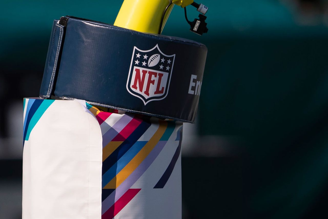 A detailed view of the NFL logo on a goal post at Lincoln Financial Field, Pennsylvania on October 18.