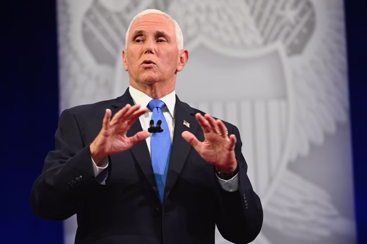 Former Vice President Mike Pence speaks to the crowd during a town hall on Wednesday, June 7, 2023.