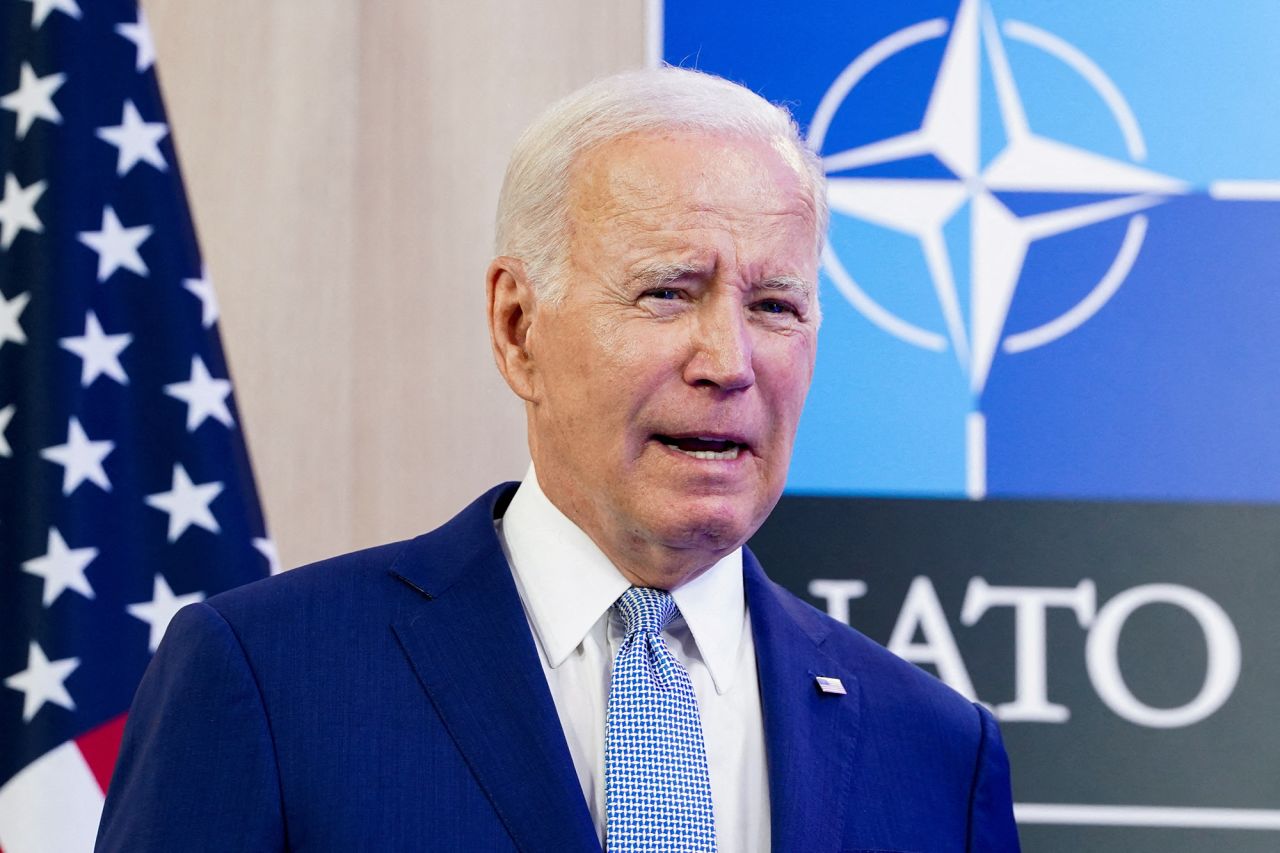 U.S. President Joe Biden addresses the media in Vilnius, Lithuania, on July 11.