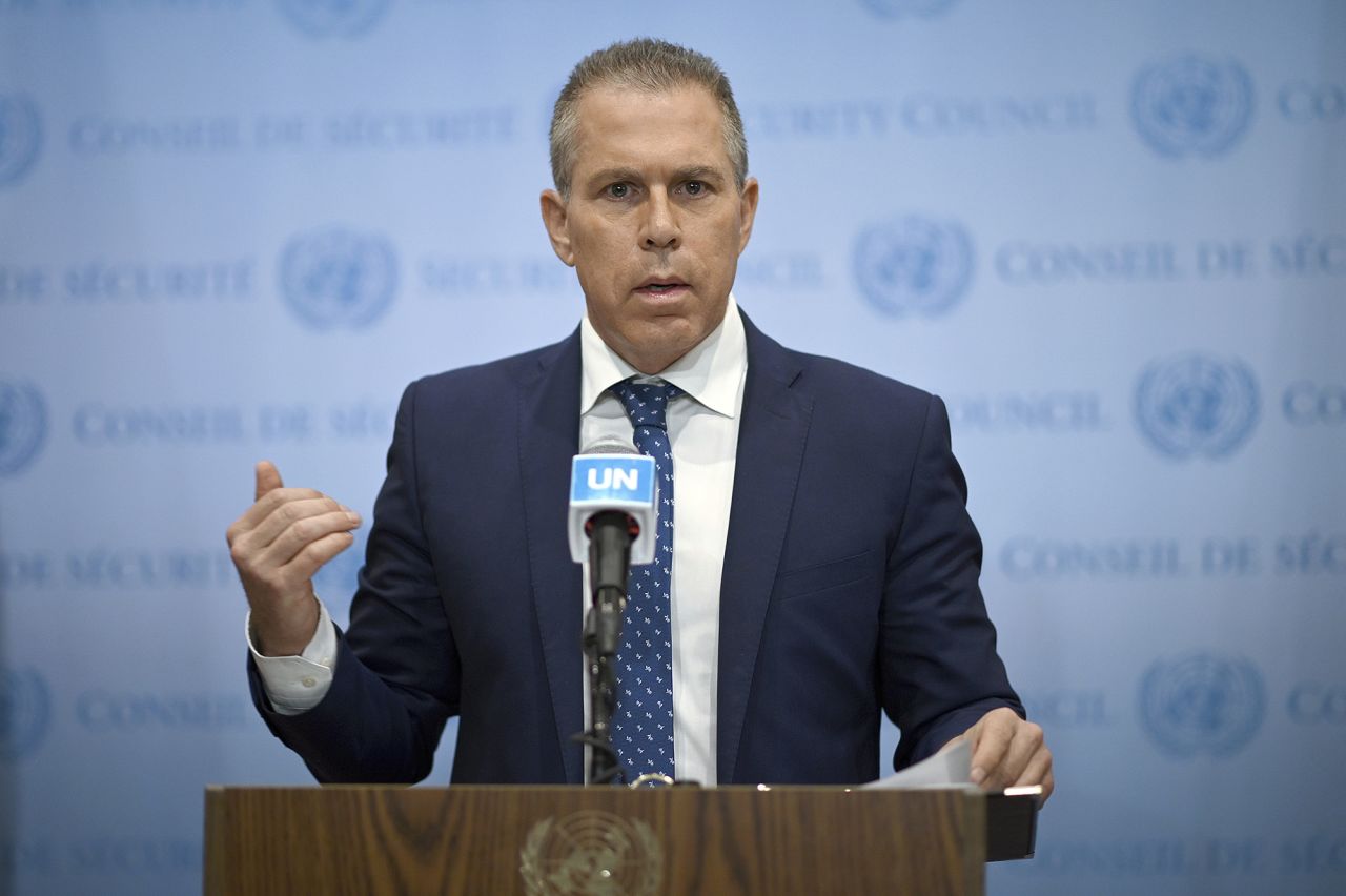 Gilad Erdan, Permanent Representative of Israel to the United Nations, speaks to members of the media regarding Hamas attacks on Israel at the United Nations Headquarters in New York on October 8.