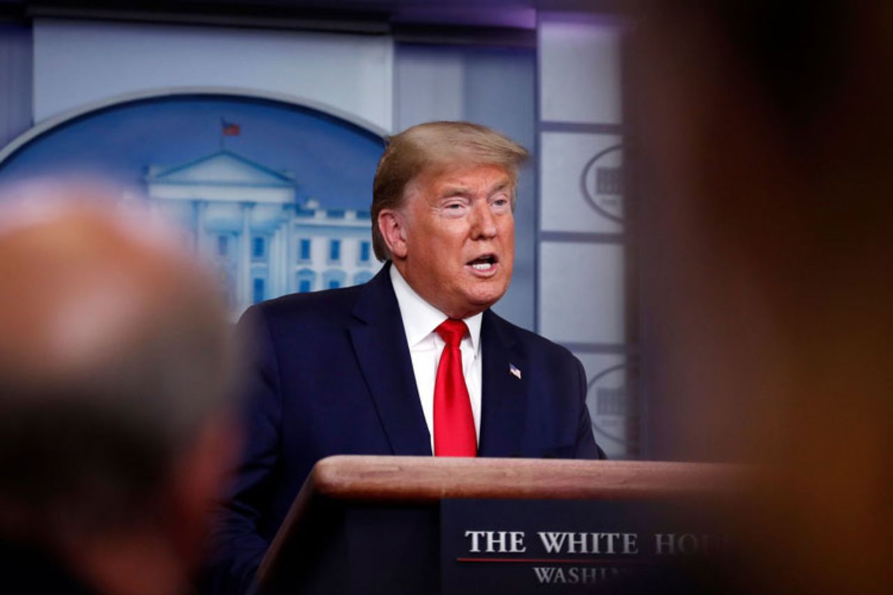 President Donald Trump speaks about the coronavirus in the James Brady Briefing Room, Tuesday, March 24, in Washington.