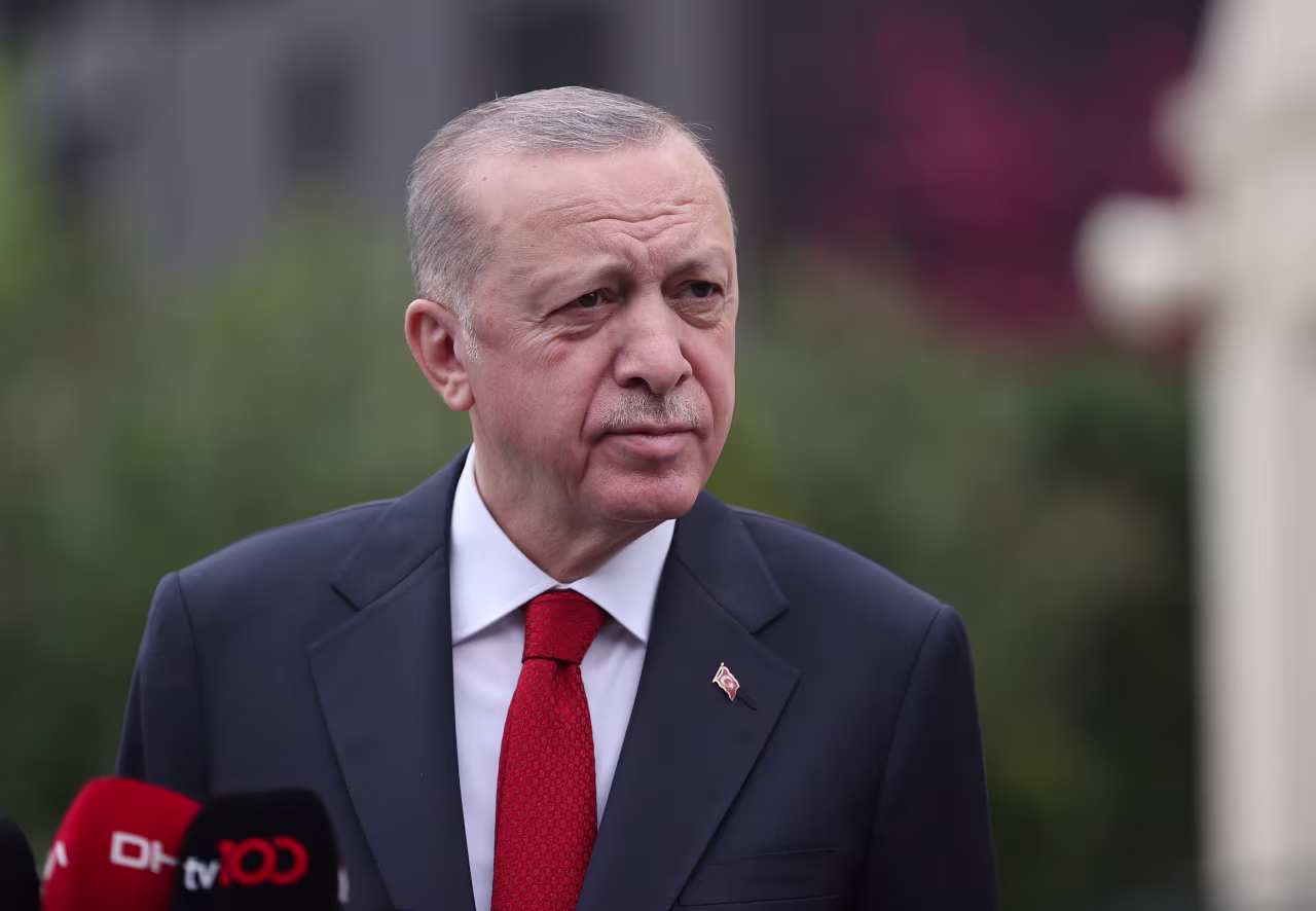 Turkish President Tayyip Erdogan speaks to the press after performing a Friday prayer at Hz. Ali Mosque in Istanbul, Turkey, on April 22, 2022.