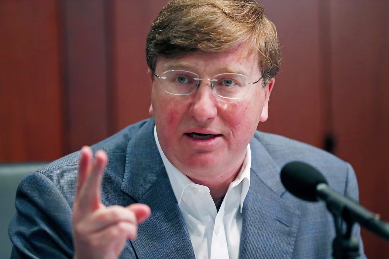 Mississippi Gov. Tate Reeves pictured during his afternoon news conference in Jackson, Miss., on April 21.