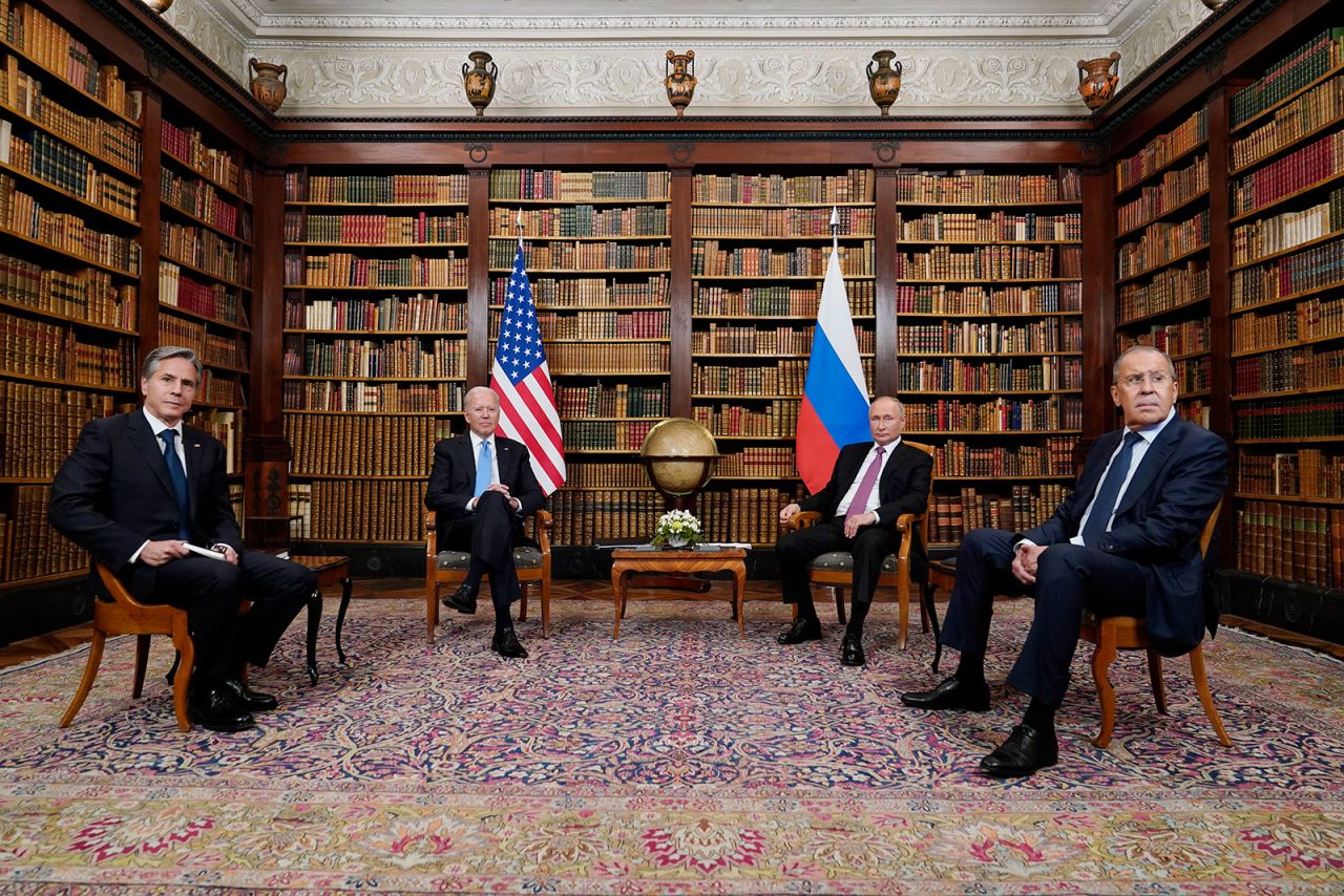 From left, US Secretary of State Antony Blinken, US President Joe Biden, Russian President Vladimir Putin and Russian Foreign Minister Sergey Lavrov meet at the Villa la Grange in Geneva on Wednesday.