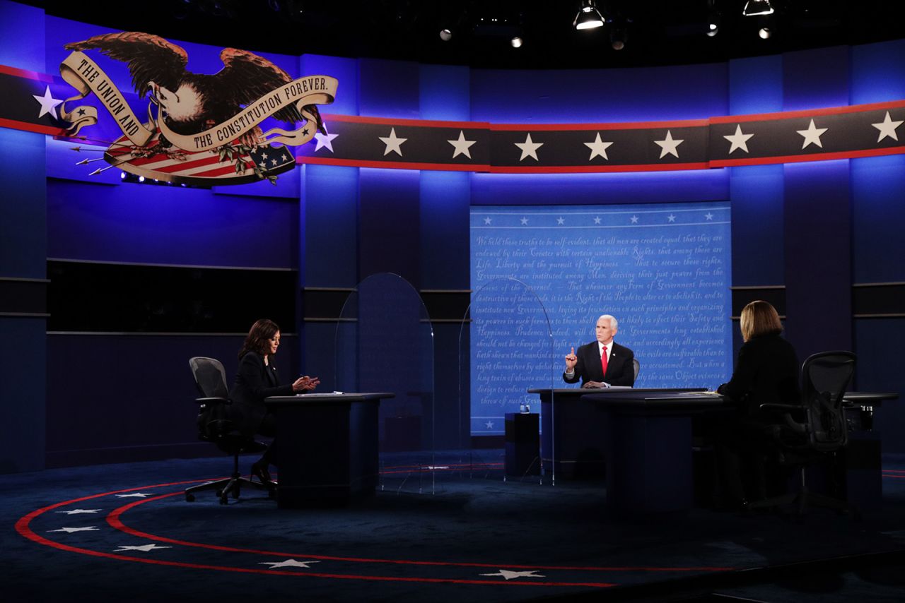 Democratic vice presidential nominee Sen. Kamala Harris and Vice President Mike Pence participate in the vice presidential debate moderated by Washington Bureau Chief for USA Today Susan Page in Salt Lake City on October 7. 