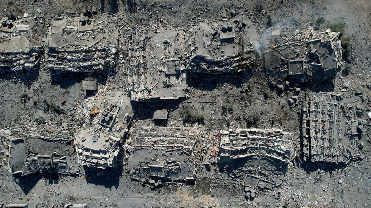 An aerial view of residential buildings destroyed in Israeli airstrikes in Zahra City, Gaza, on October 21