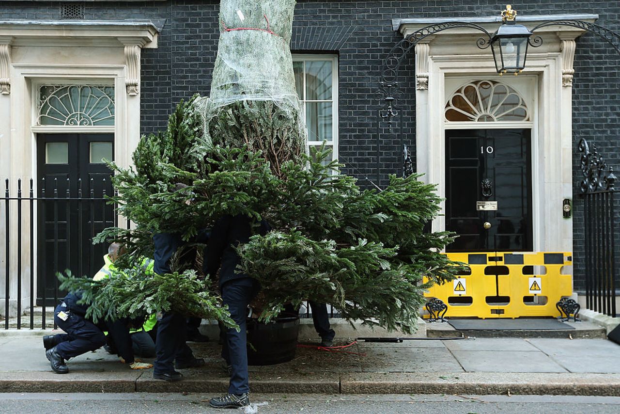 A Christmas tree is set up outside Downing Street in 2012.