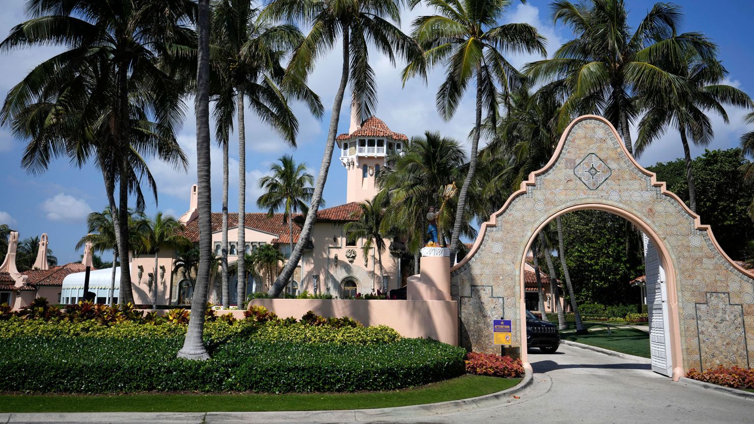 A security car blocks the drive at the entrance to former President Donald Trump's Mar-a-Lago estate in Palm Beach, Florida, in March.