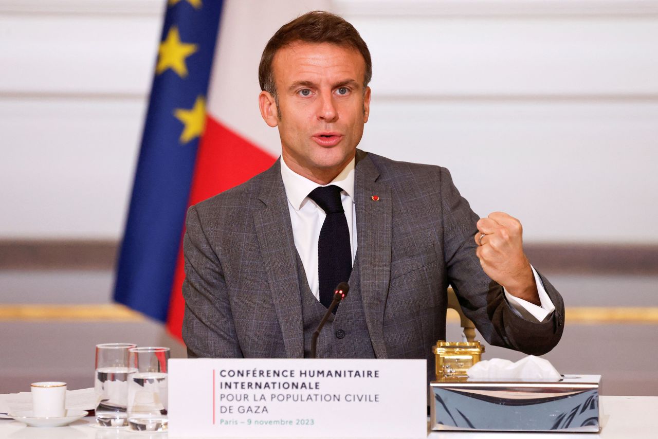 French President Emmanuel Macron gestures as he speaks during an international humanitarian conference for civilians in Gaza, at the Elysee Presidential Palace, in Paris, France, on November 9.