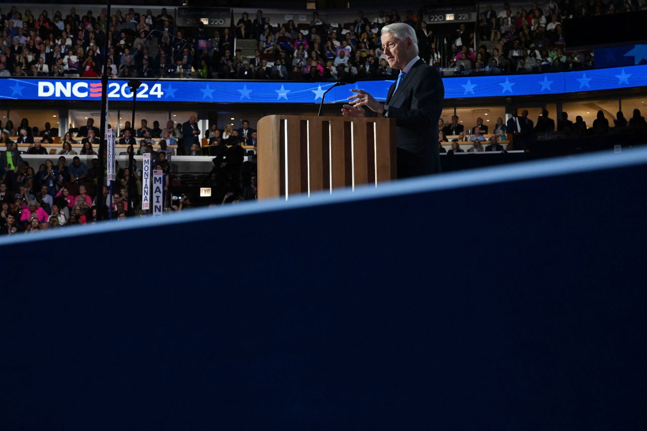 Former President Bill Clinton speaks during the DNC on Wednesday, August 21, in Chicago. 