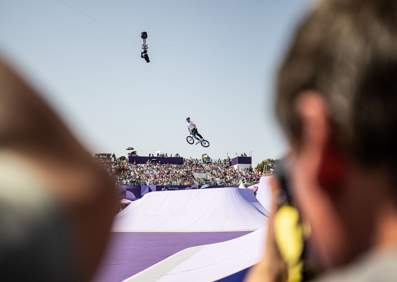 José Torres Gil of Argentina competes during the Men's BMX Freestyle Park Final at Place de la Concorde on Tuesday.