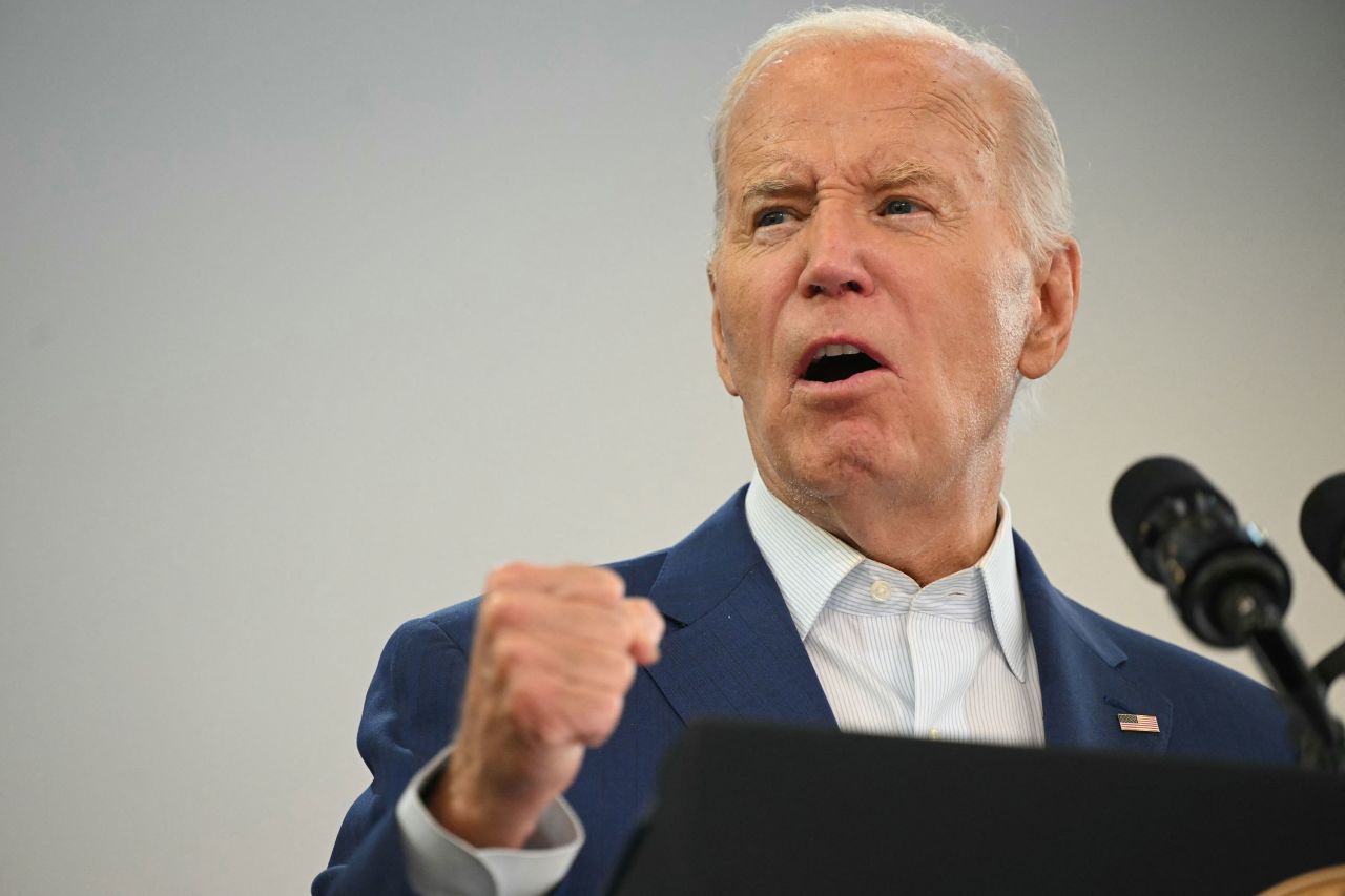 President Joe Biden speaks at a campaign rally at Renaissance High School in Detroit on July 12.