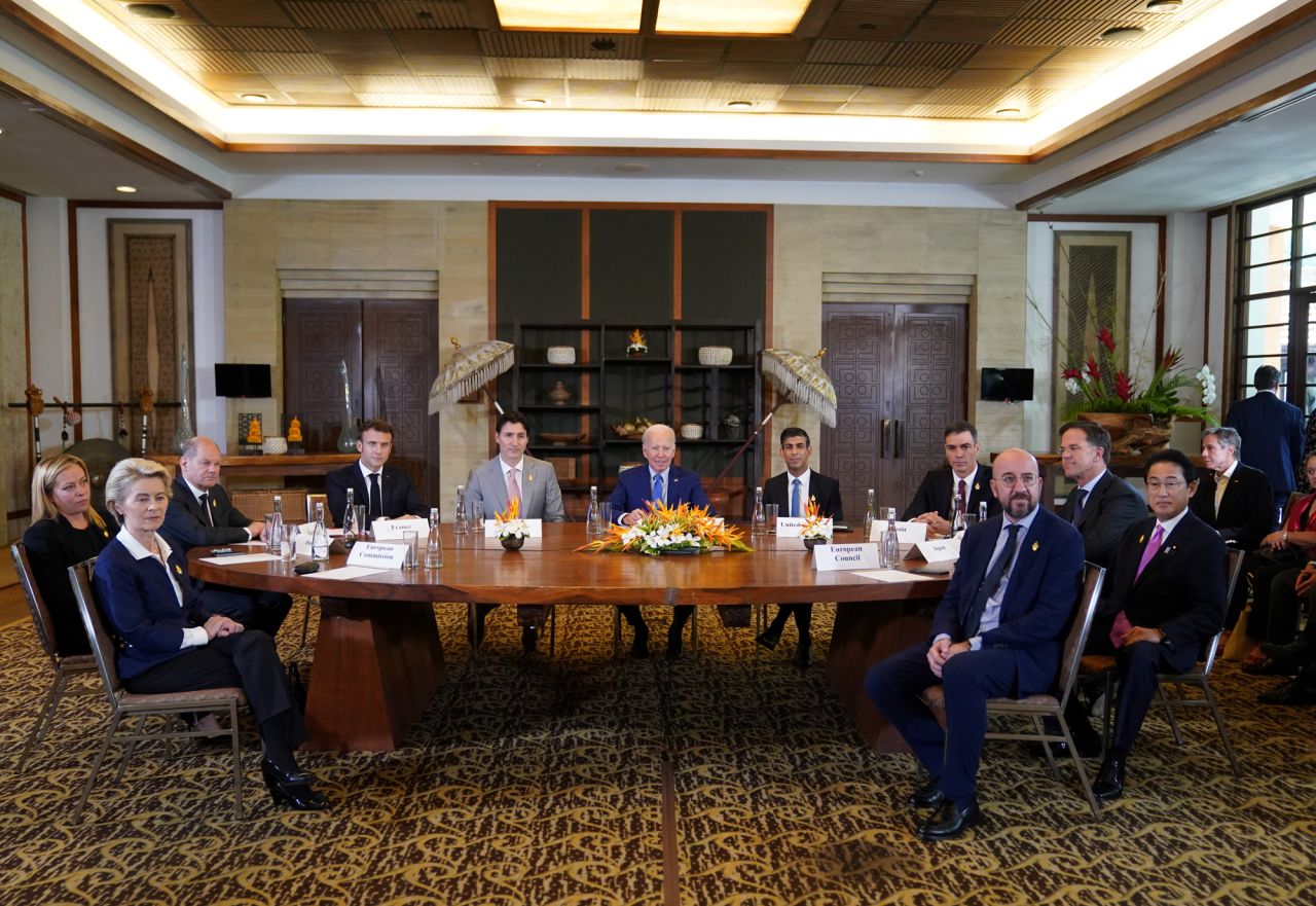 President Joe Biden and British Prime Minister Rishi Sunak attend an emergency meeting of global leaders, in Bali, Indonesia, to discuss the explosion in Poland that killed two people, on Wednesday.