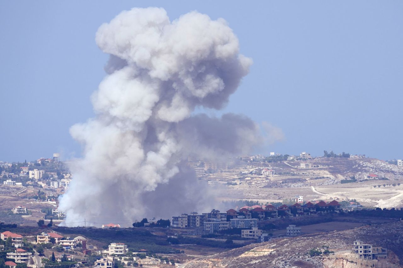 Smoke rises from Israeli airstrikes on villages in the Nabatiyeh district, Lebanon, on September 23.