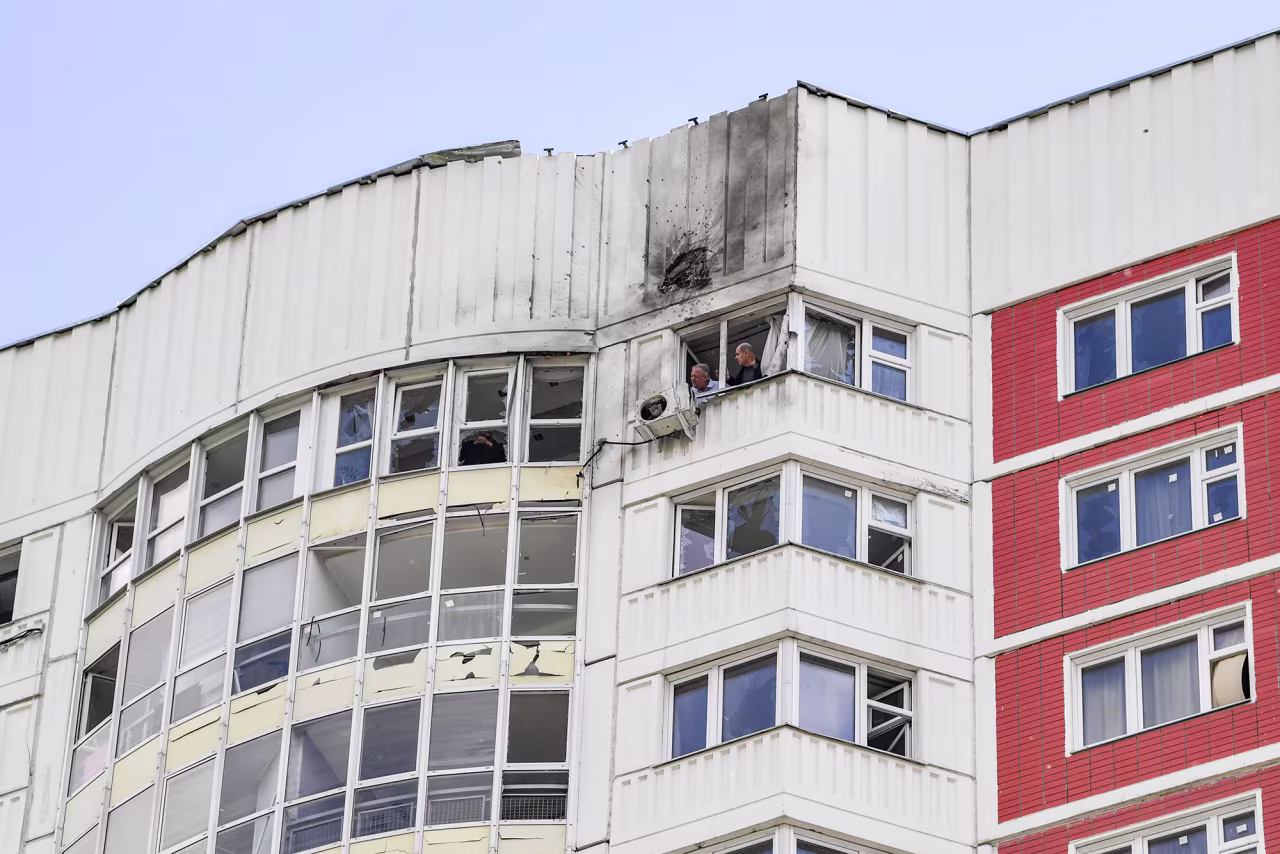 A damaged building at the site of a drone attack in Moscow, Russia, on May 30.