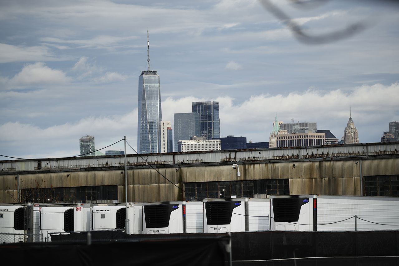 Refrigerated morgue trailers believed to be holding the bodies of people who died of Covid-19 are seen at South Brooklyn Marine Terminal on November 23, 2020 in New York City.