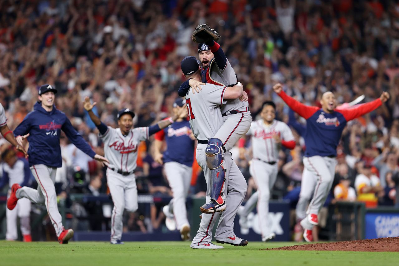 The Atlanta Braves celebrate the team's win against the Houston Astros in Game Six to win the 2021 World Series.