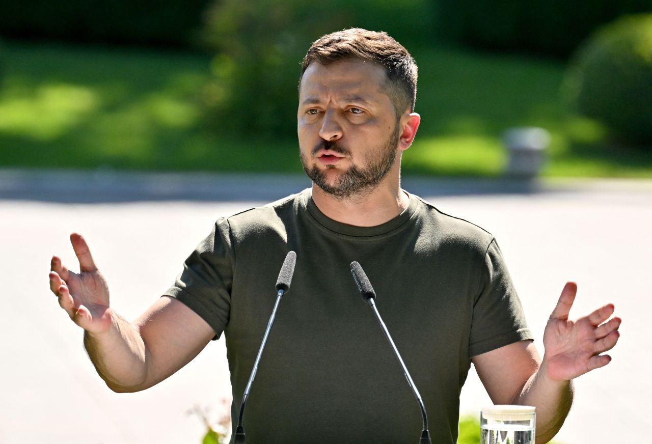 Ukrainian President Volodymyr Zelensky delivers a statement during a press conference in Kyiv on July 28.
