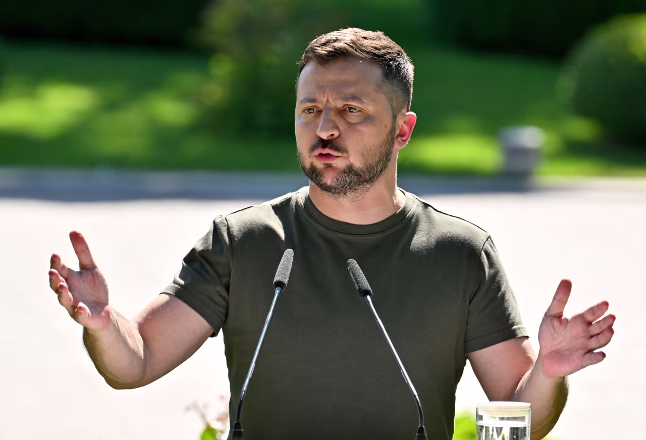 Ukrainian President Volodymyr Zelensky delivers a statement during a press conference in Kyiv on July 28.
