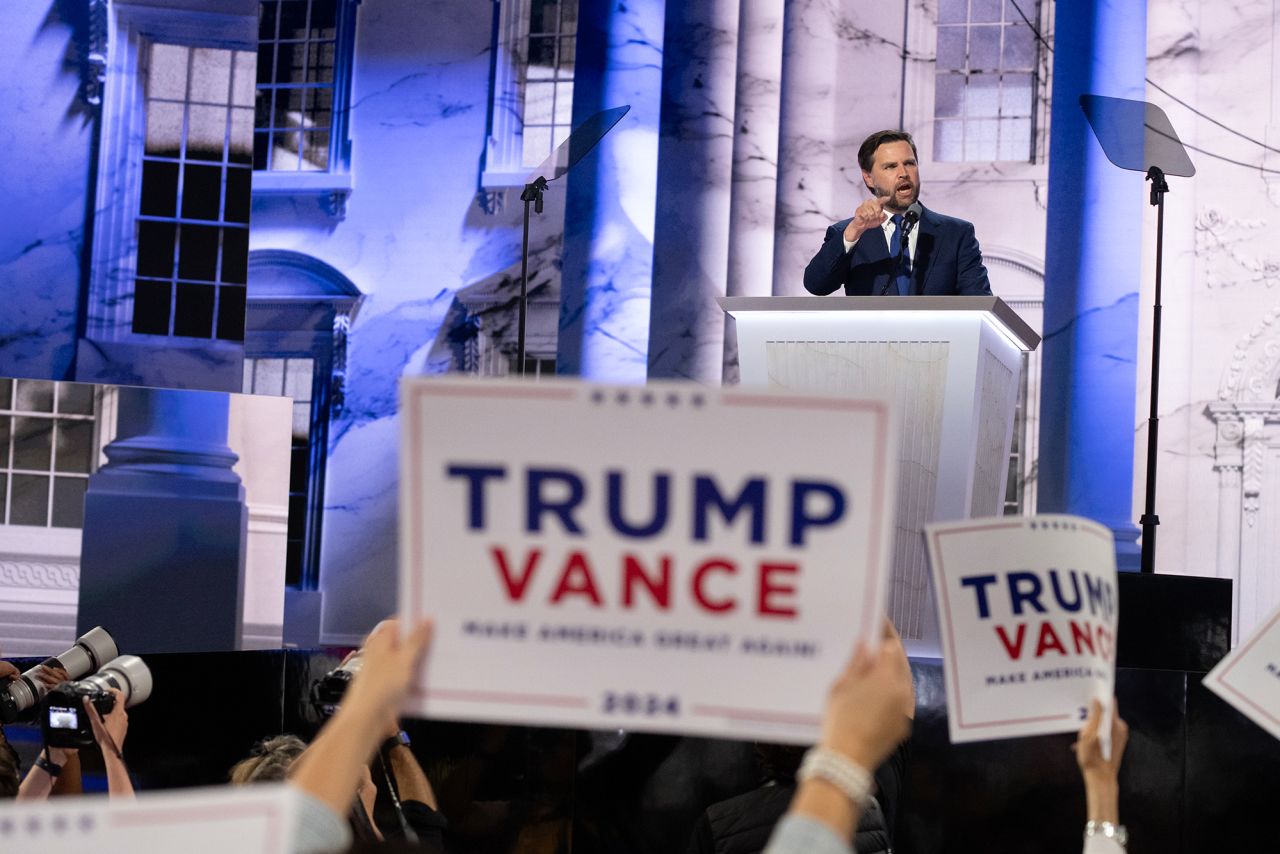 JD Vance speaks at the 2024 Republican National Convention in Milwaukee, on July 17. 