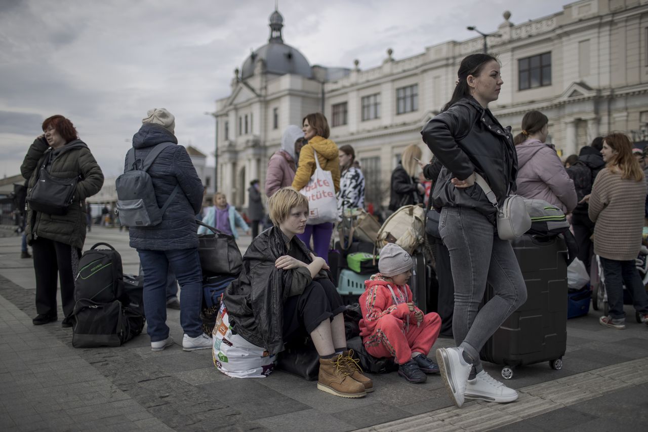 Internally displaced civilians from eastern Ukraine outside the train station in Lviv, Ukraine, on April 8.