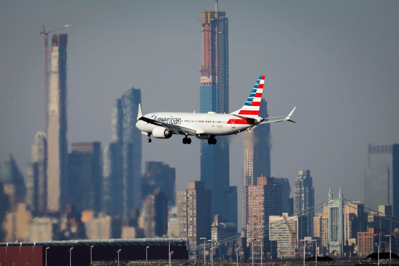 An American Airlines Boeing 737 Max 8 comes in for landing at LaGuardia Airport in New York City on Monday.