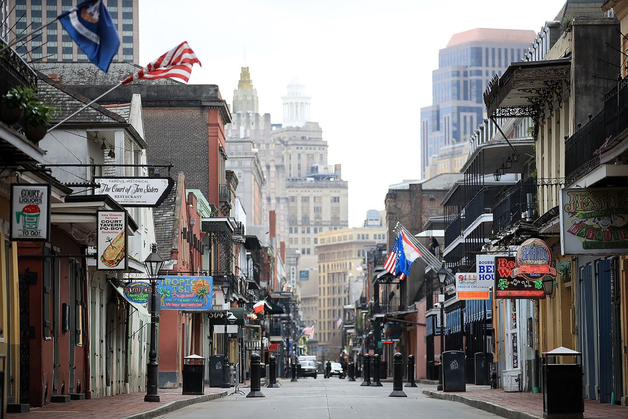 A view of an empty Bourbon Street in New Orleans on March 27.