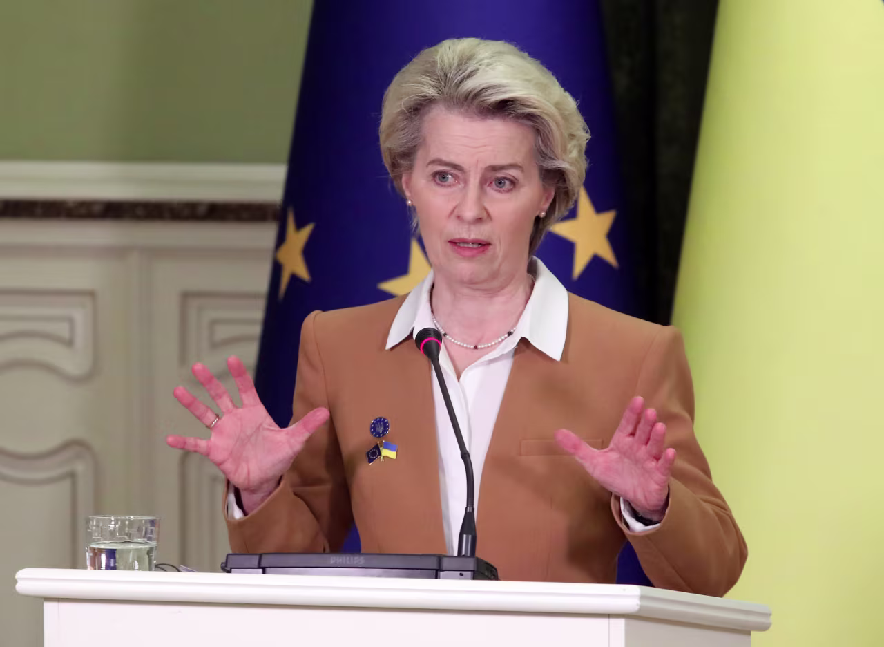 European Union chief Ursula von der Leyen attends a joint briefing with Ukrainian President Volodymyr Zelensky in Kyiv on February 2. 