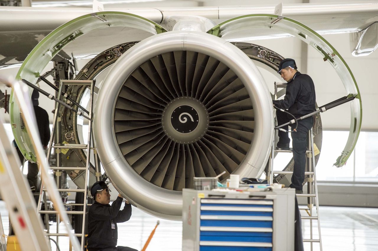 People work at an Airbus factory in Tianjin, China, in January 2015.