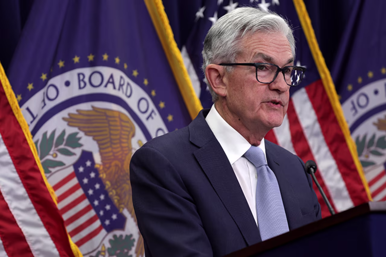 Jerome Powell speaks during a news conference today in Washington, DC.
