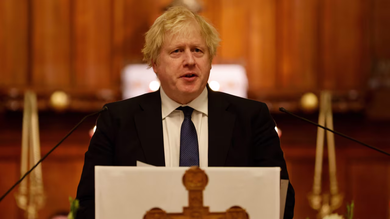 British Prime Minister Boris Johnson speaks at the Ukrainian Catholic Cathedral in London on Sunday.