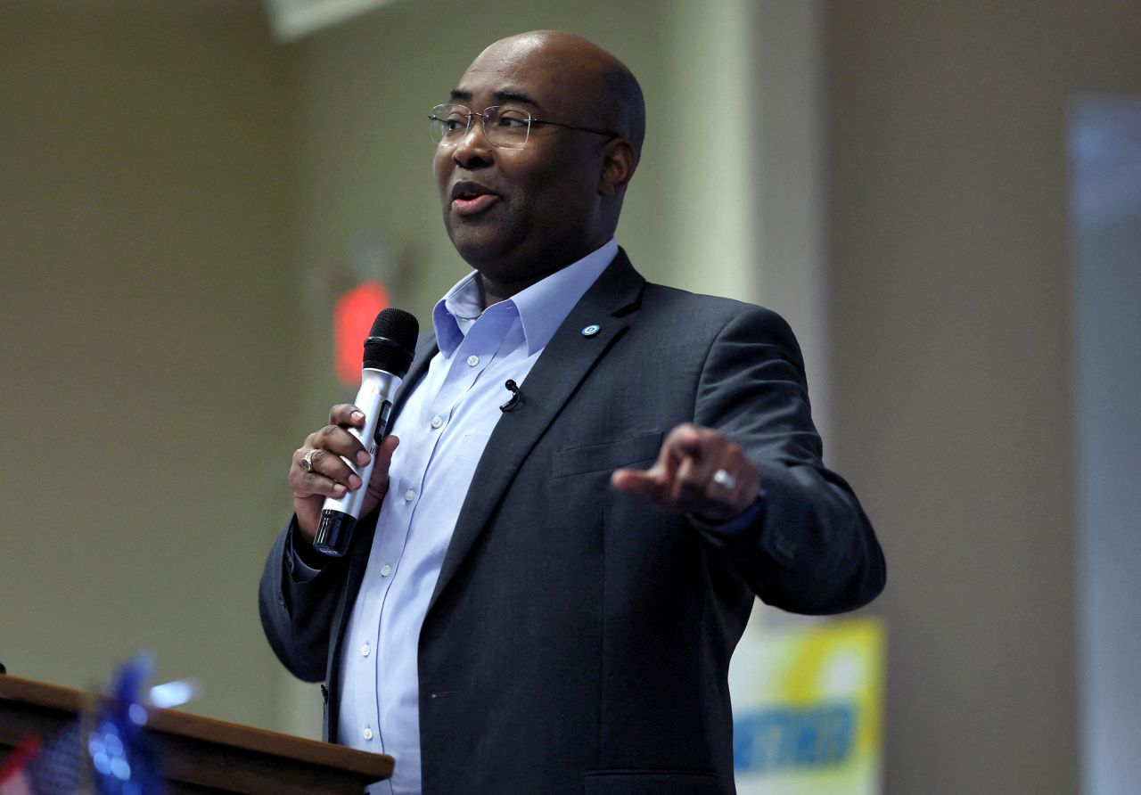 DNC Chair Jaime Harrison gives a speech in Hartsville, South Carolina, on February 1. 