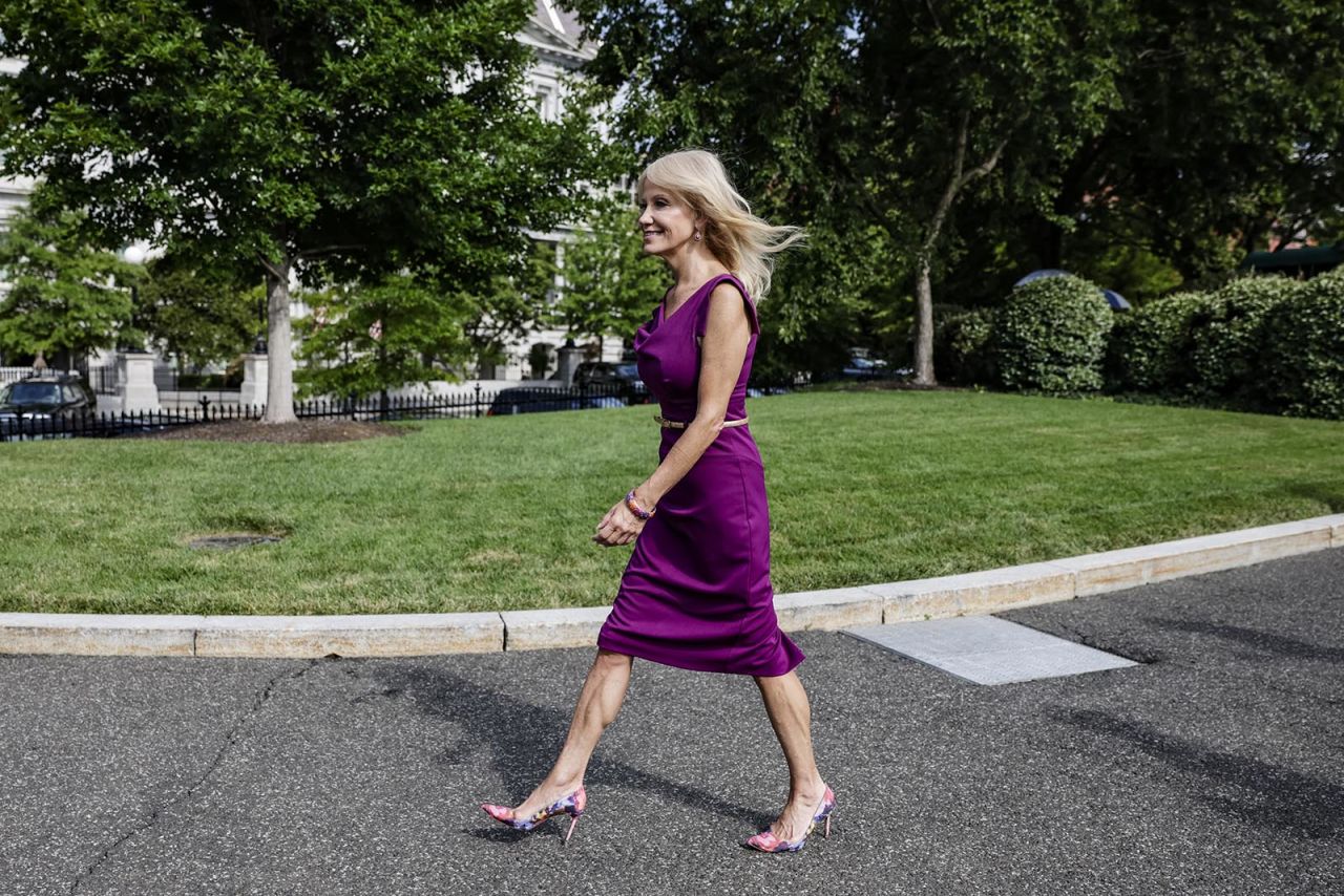 Kellyanne Conway, counselor to President Donald Trump, heads back into the West Wing after speaking to reporters outside of the White House on August 6 in Washington.