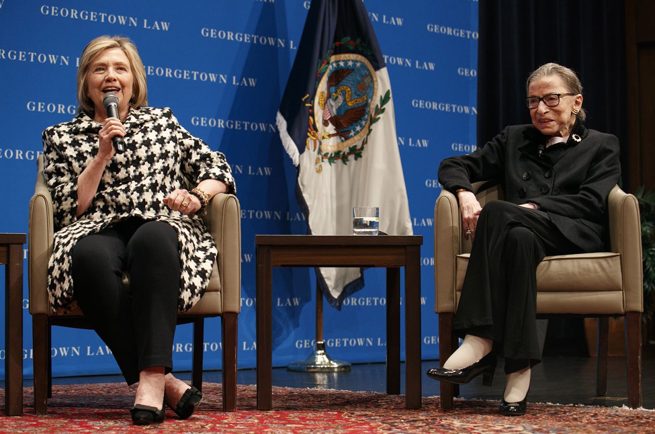 Supreme Court Justice Ruth Bader Ginsburg, right, listens as former Secretary of State Hillary Clinton speaks on Wednesday, October 30, 2019, in Washington. 