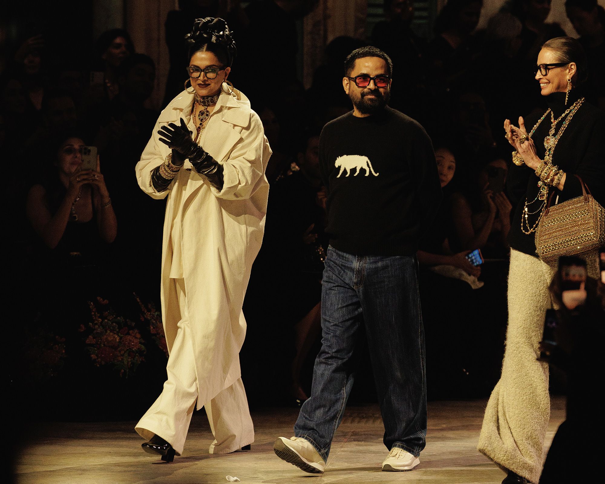 Deepika Padukone, Sabyasachi Mukherjee and Christy Turlington pictured during the grand finale at the Sabyasachi show in Mumbai.