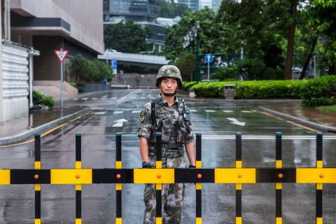 A Chinese People's Liberation Army (PLA) soldier at the Hong Kong Garrison on August 1, 2019. 